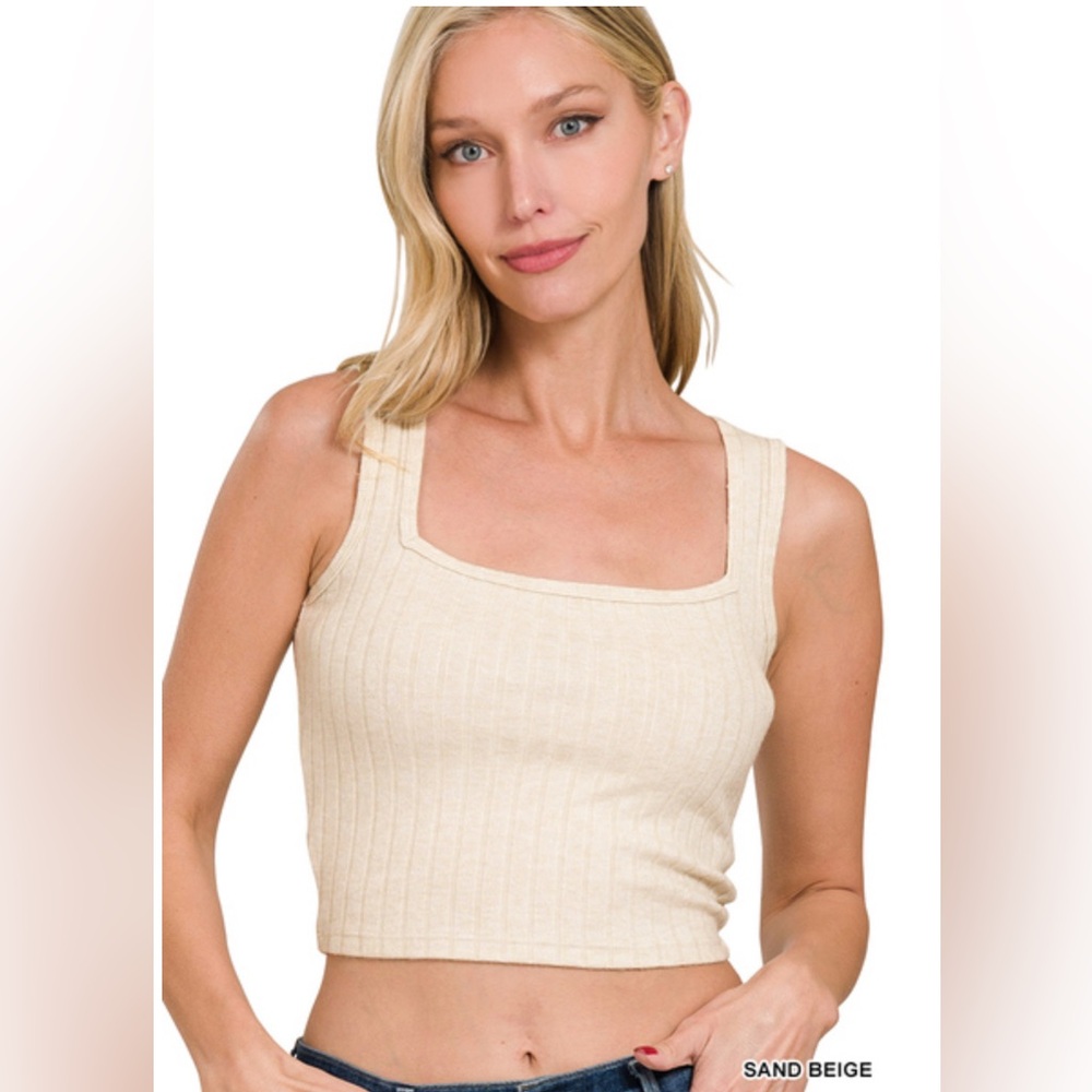 ZENANA RIBBED SQUARE NECK CROPPED SLEEVELESS TOP